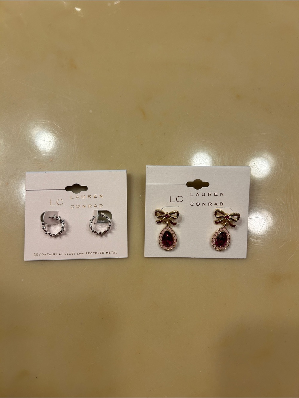 LC Lauren Conrad Gold Bow Pink Teardrop and Silver Hoop Earring Set